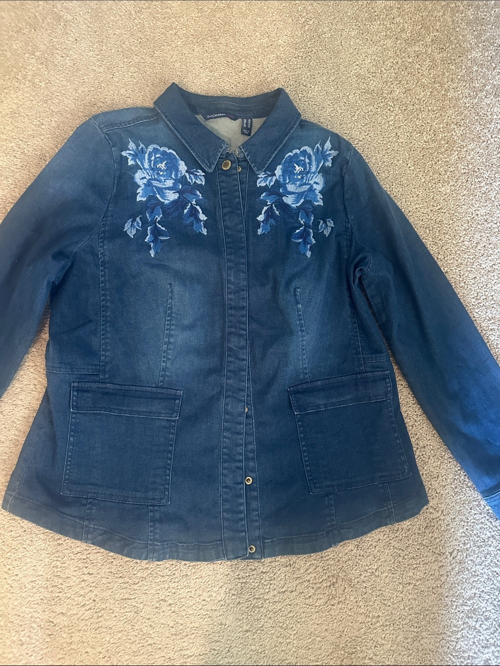 Isaac Mizrahi Blue Denim Jacket with Floral Embroidery